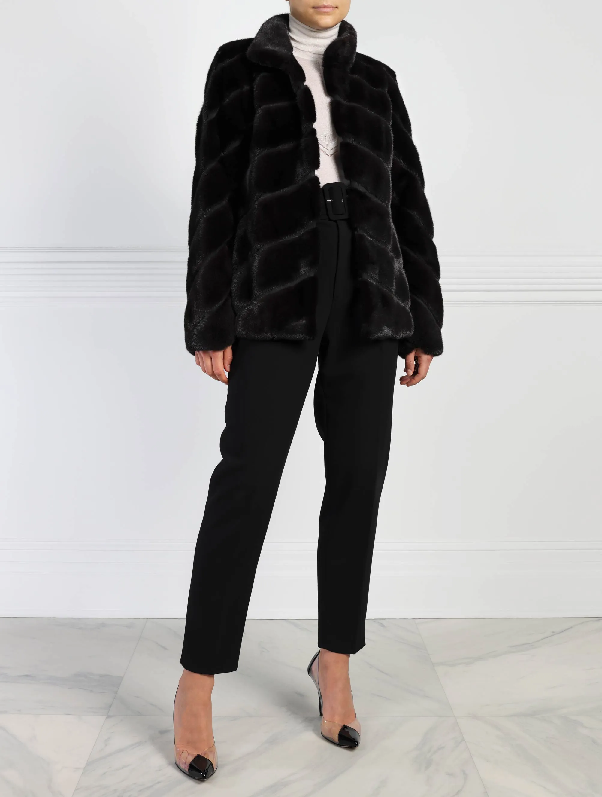 The Elsa Diagonal Mink Fur & Suede Jacket sold by Pologeorgis