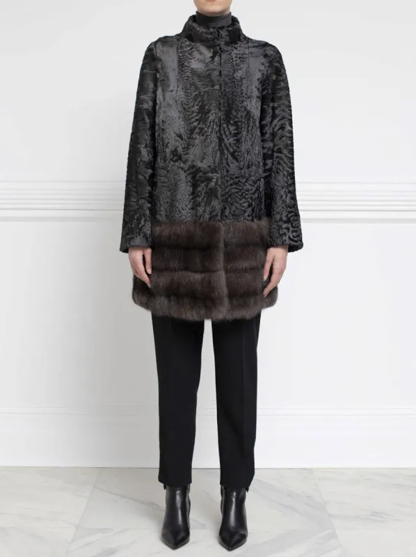 The Theron Metallic Swakara Lamb & Sable Fur Coat sold by Pologeorgis