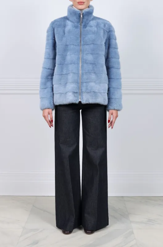Horizontal Mink Fur Zip Jacket in Light Blue sold by Pologeorgis