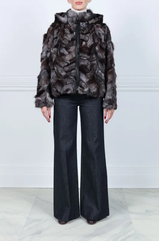 Upcycled Fox Fur Patchwork Jacket with Detachable Hood sold by Pologeorgis
