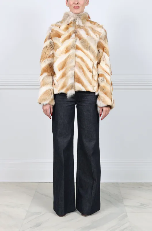 Upcycled Coyote Fur Patchwork Jacket in Tan sold by Pologeorgis