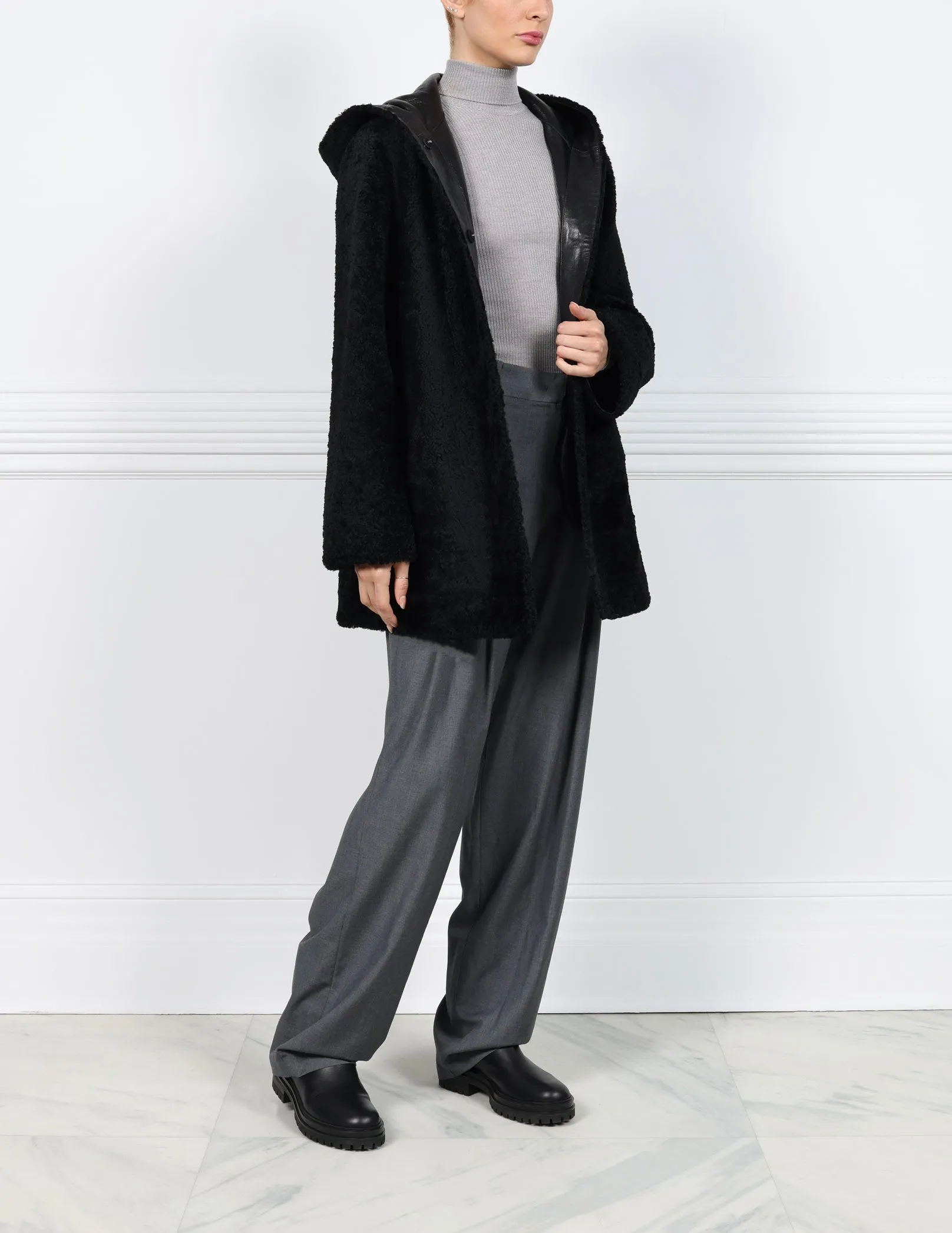 The Davie Hooded Curly Shearling Coat sold by Pologeorgis product image thumbnail 3