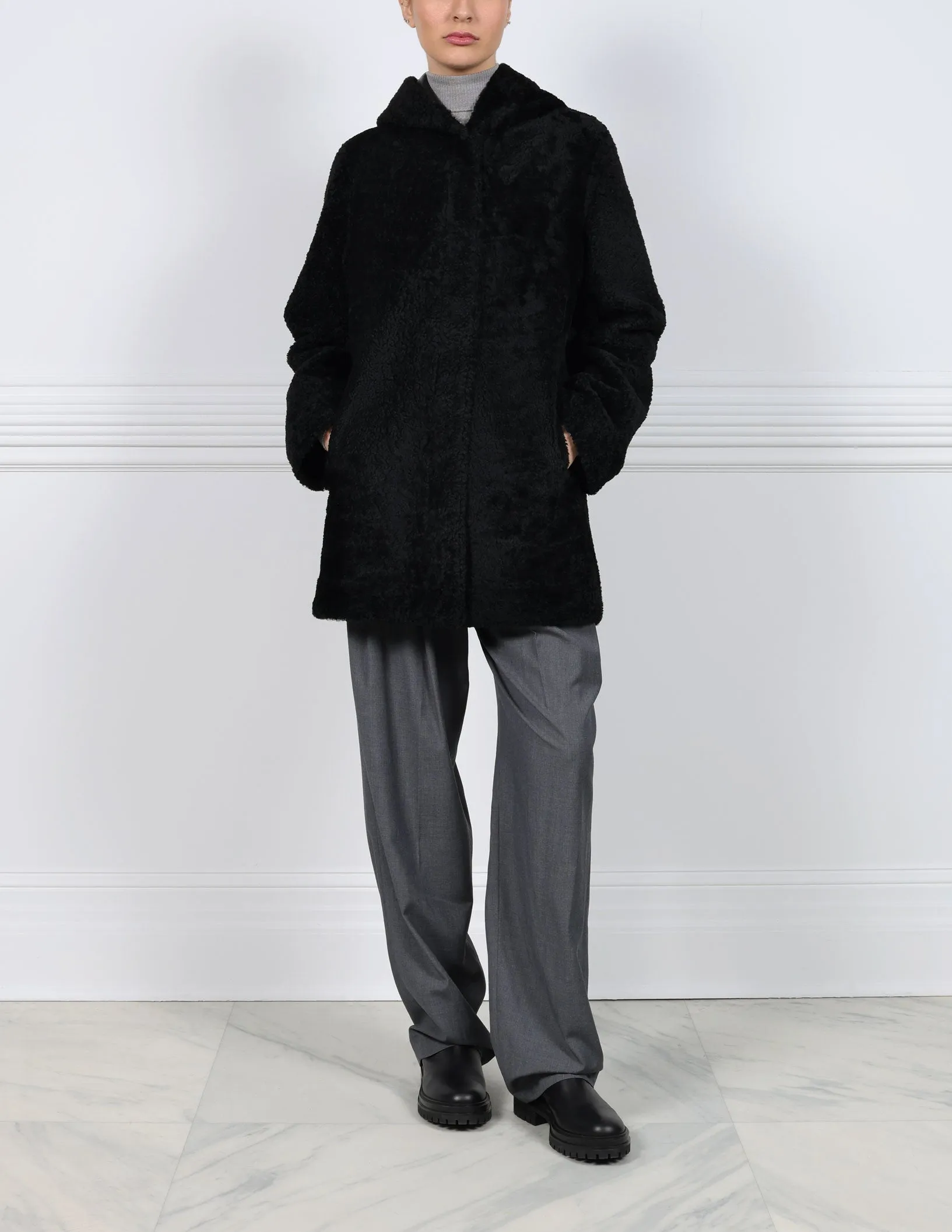 The Davie Hooded Curly Shearling Coat sold by Pologeorgis product image thumbnail 2