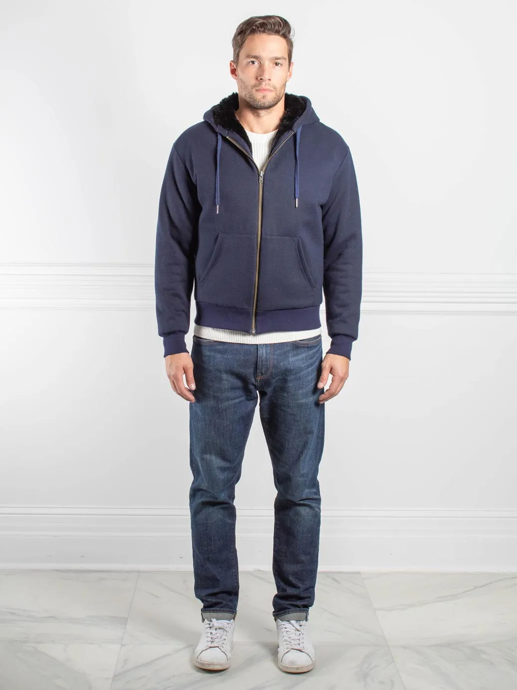 Men's Rabbit Lined Hooded Zip Sweatshirt in Navy sold by Pologeorgis product image thumbnail 2