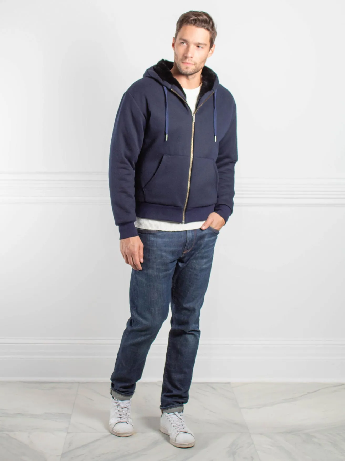 Men's Rabbit Lined Hooded Zip Sweatshirt in Navy sold by Pologeorgis