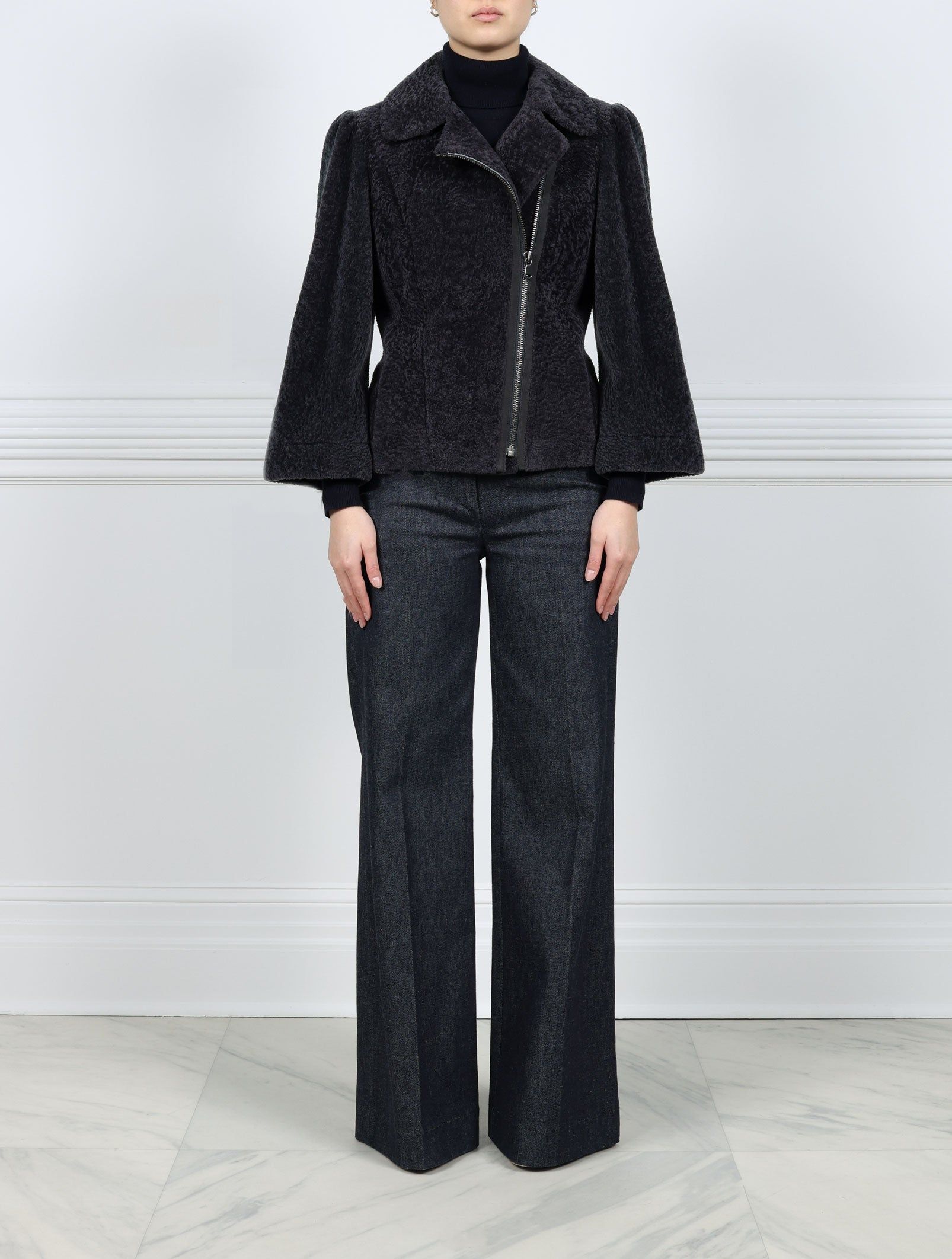 Grey Shearling Assymetrical Zip Jacket sold by Pologeorgis