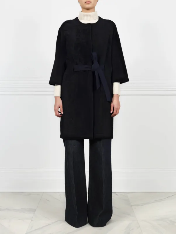 Curly Shearling Belted Coat in Navy sold by Pologeorgis