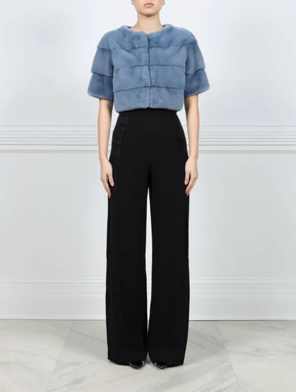 The Stratus Horizontal Mink Fur Shrug in Blue sold by Pologeorgis
