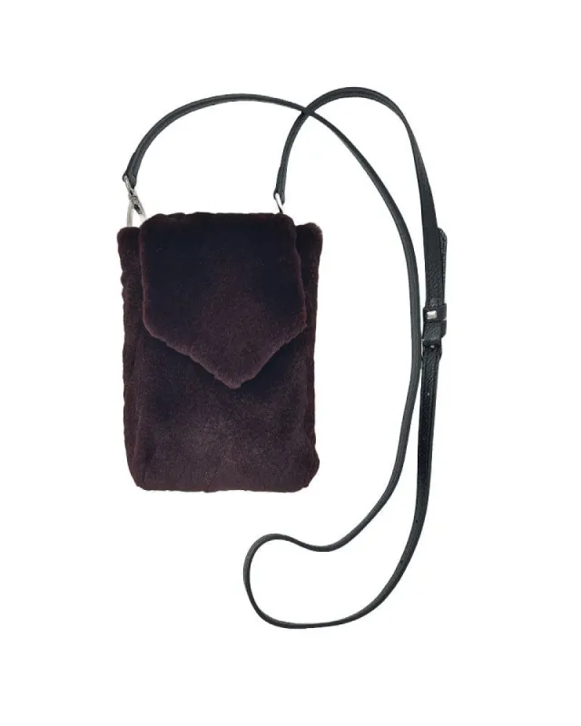 Sheared Diamond Grooved Mink Fur Phone Bag with Leather Strap in Burgundy sold by Pologeorgis
