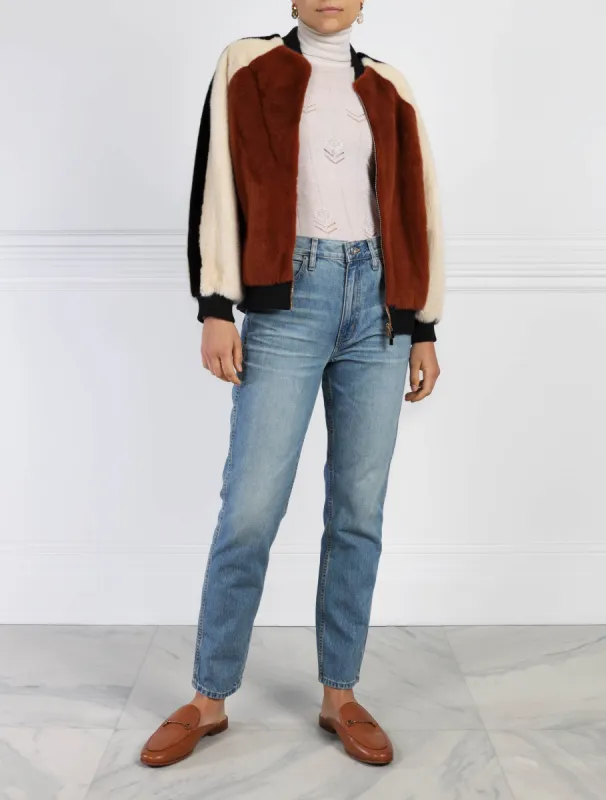 The Boyfriend Striped Mink Bomber Jacket sold by Pologeorgis