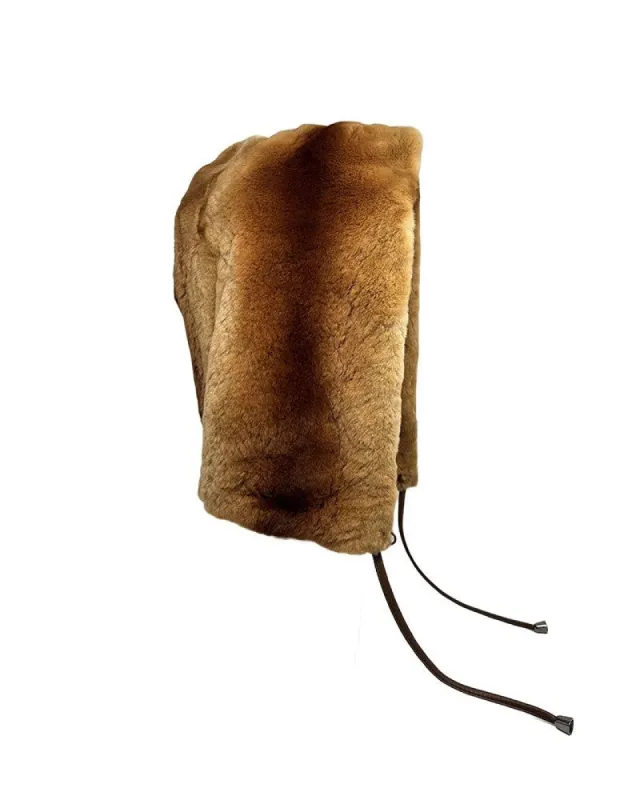 Dyed Plucked Mink Fur Hood with Leather Ties sold by Pologeorgis