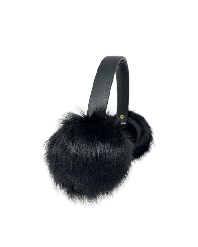 Solid Dyed Shearling Earmuffs with Leather Band in Black sold by Pologeorgis
