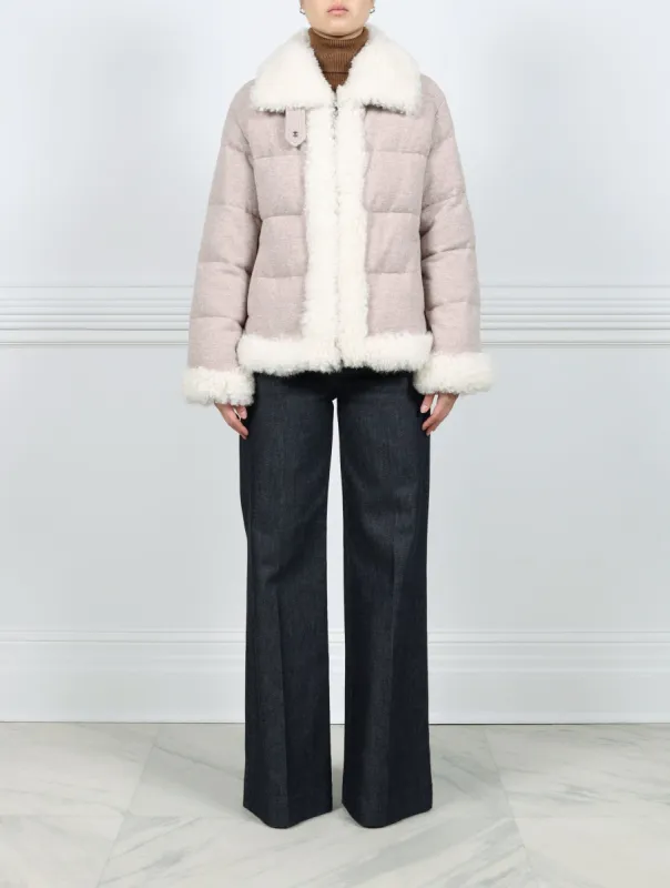 Wool Puffer Jacket with Shearling Trim sold by Pologeorgis