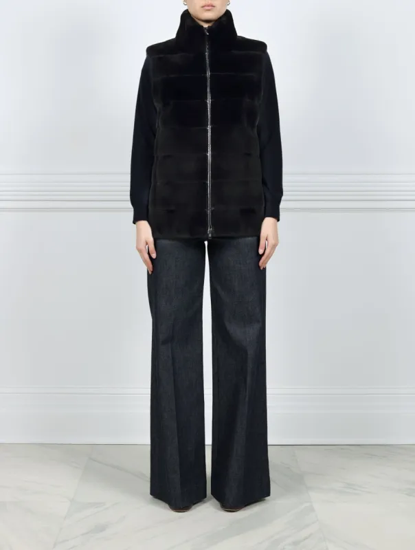 The Nina Zip Front Mink Vest in Black sold by Pologeorgis