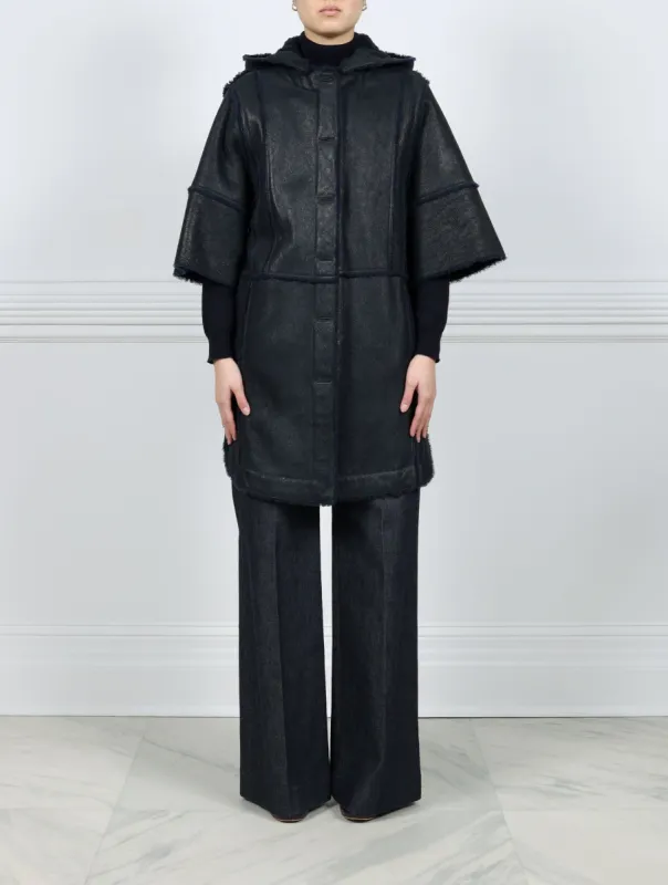 Short Sleeved Shearling Coat with Detachable Hood in Navy sold by Pologeorgis