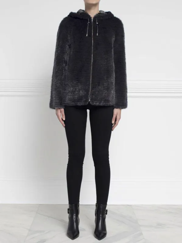 The Kiana Stripped Mink Fur Hooded Jacket sold by Pologeorgis
