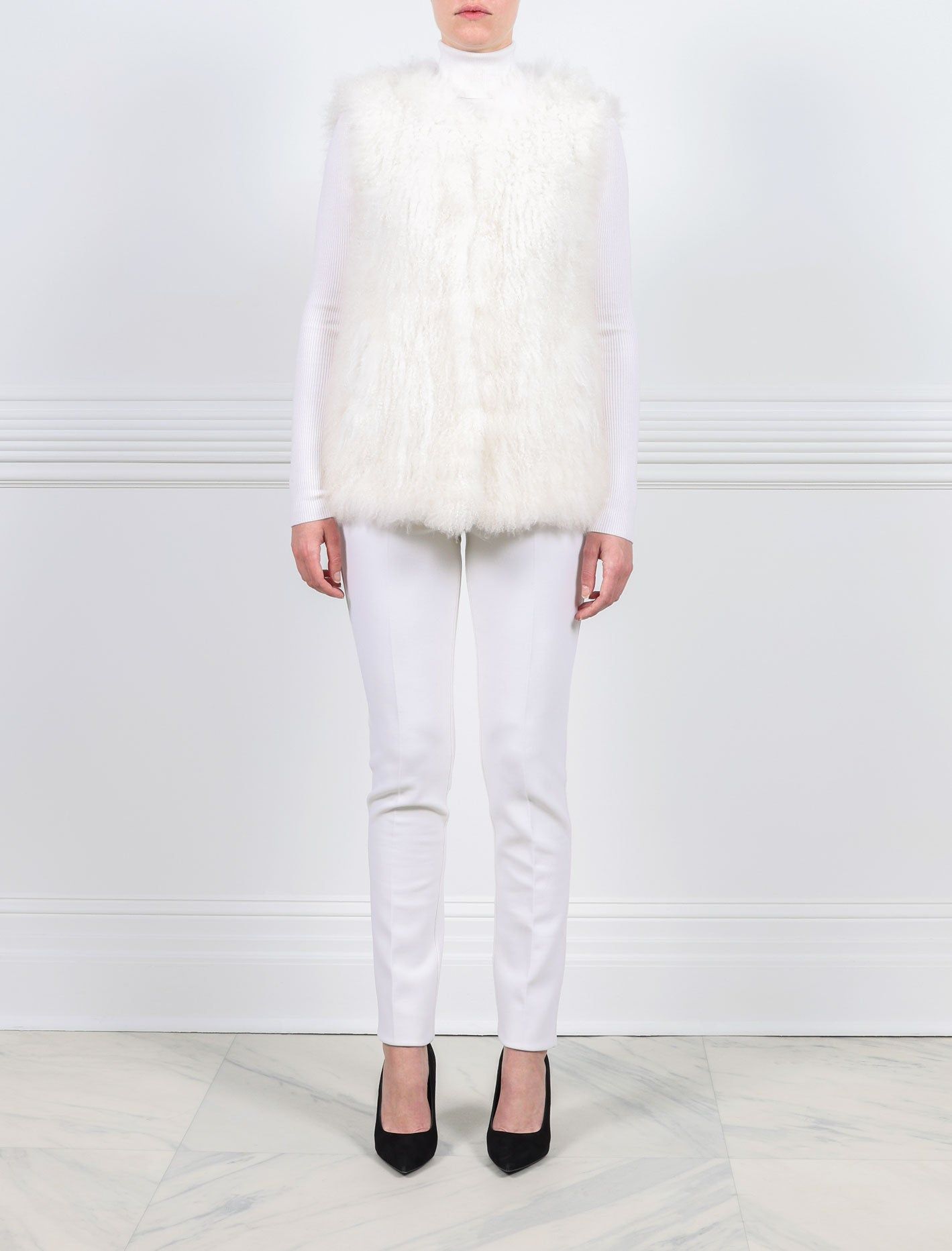 Shearling Crew Neck Vest in White sold by Pologeorgis