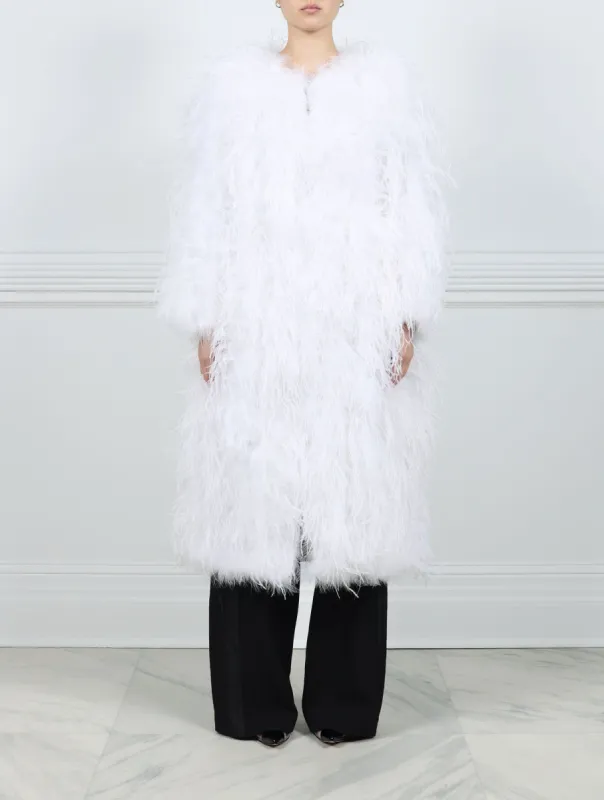 The Kallista Feather Coat available in Black and White sold by Pologeorgis
