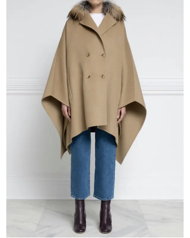 Double Breasted Woven Cape with Fur Collar sold by Pologeorgis
