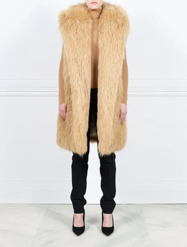 Hooded Shearling Long Vest in Camel sold by Pologeorgis