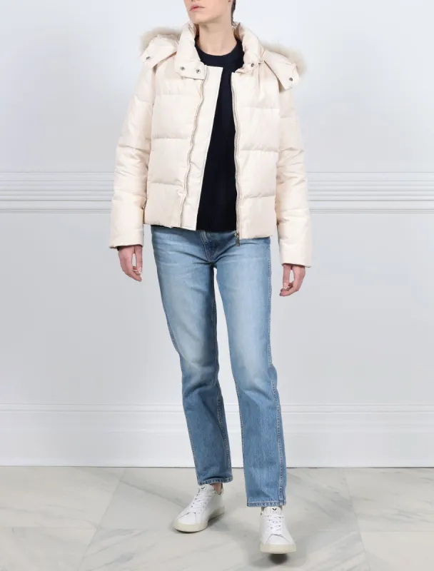The Pamela Hooded Puffer Jacket with Cashmere Trim sold by Pologeorgis
