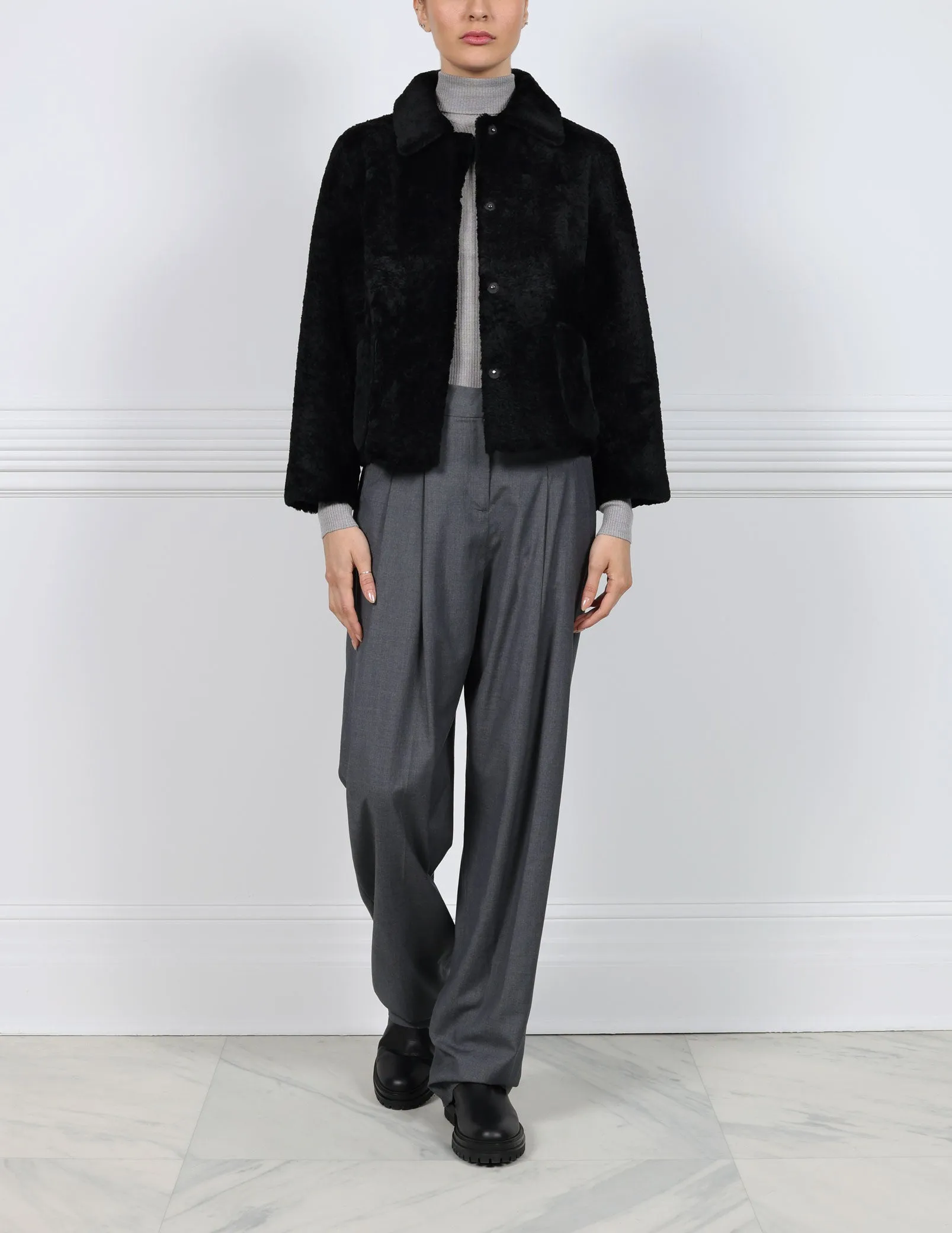 The Stasia Mini Shearling Reversible Jacket sold by Pologeorgis