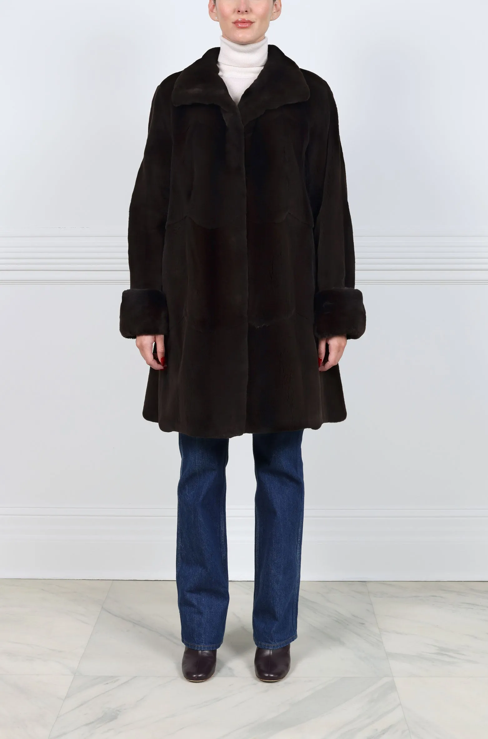 Plucked Chocolate Wing Collar Mink Coat sold by Pologeorgis