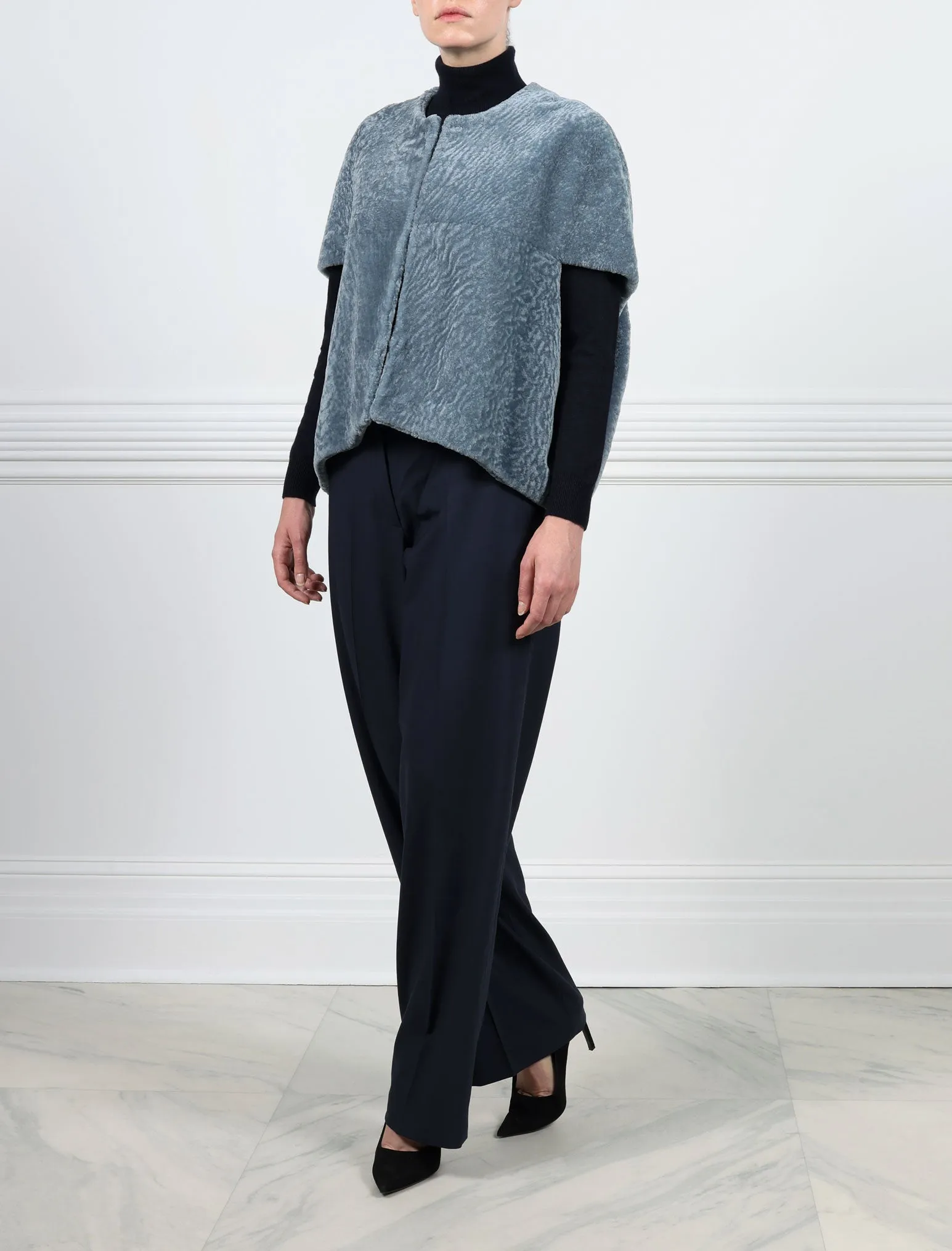 The Frannie Shearling Cocoon Vest sold by Pologeorgis