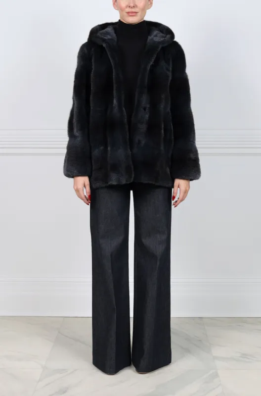 The Louisa Hooded Horizontal Cross Mink Fur Jacket in Charcoal sold by Pologeorgis