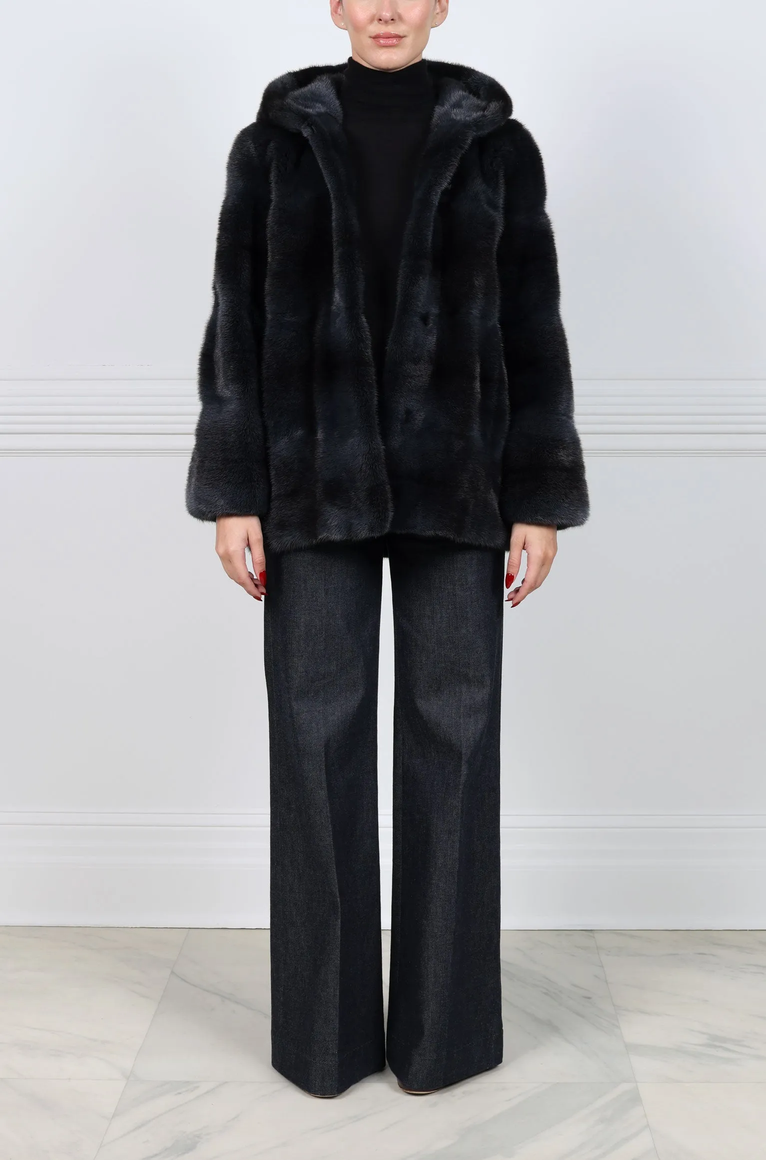 The Louisa Hooded Horizontal Cross Mink Fur Jacket in Charcoal sold by Pologeorgis