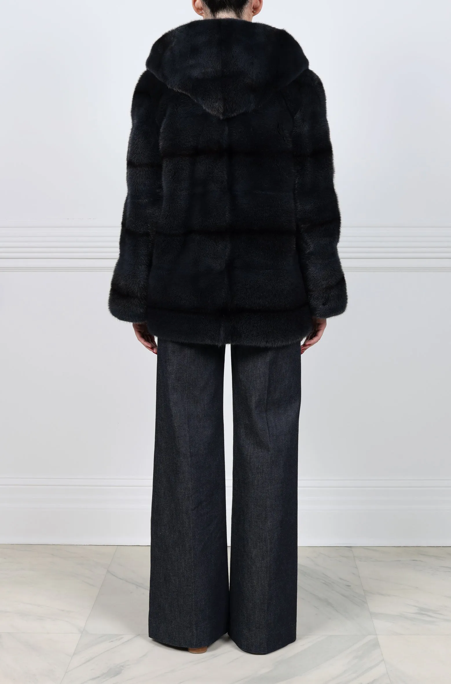 The Louisa Hooded Horizontal Cross Mink Fur Jacket in Charcoal sold by Pologeorgis product image thumbnail 2