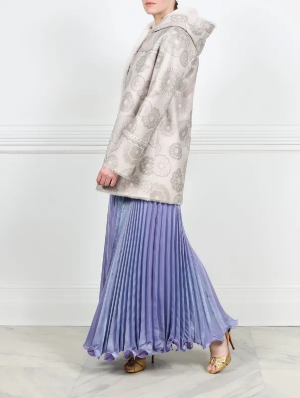 Fantastic Flowers Printed Hooded Reversible Shearling Coat Designed by Zandra Rhodes sold by Pologeorgis