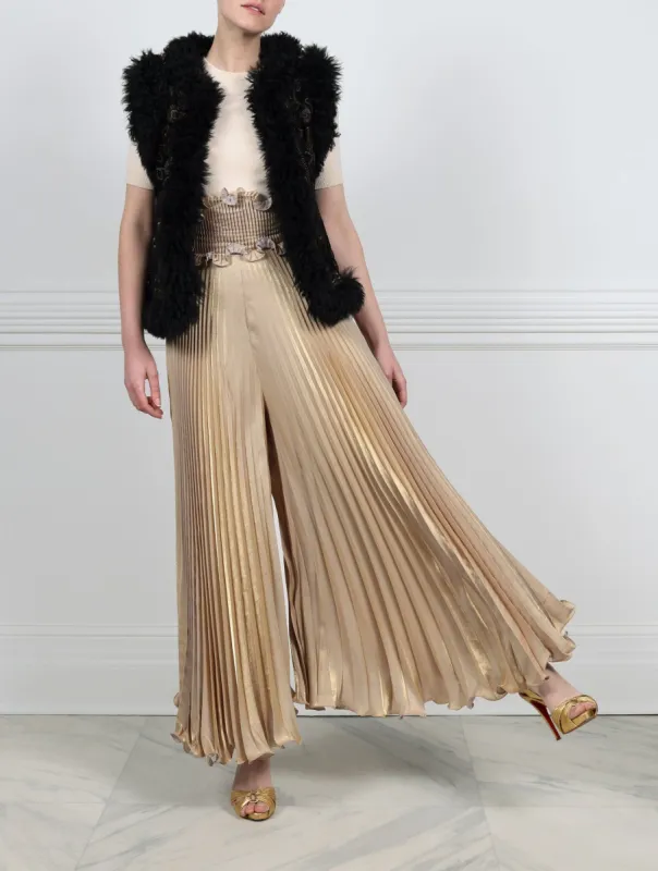 Cosmo Knitted Flower Embroidered Suede Vest with Curly Shearling Trim Designed by Zandra Rhodes sold by Pologeorgis