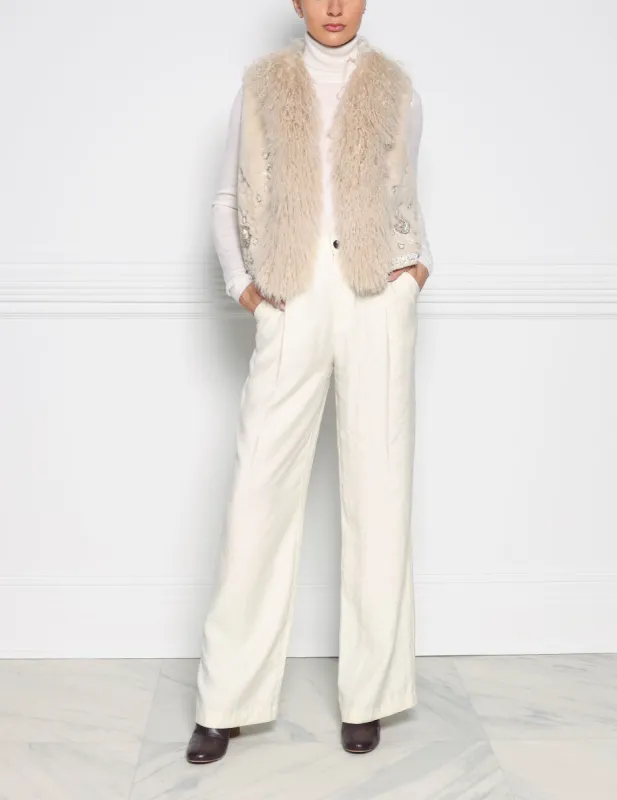 Sheared Beaver Fur & Curly Shearling Vest with Jeweled Embellishments sold by Pologeorgis