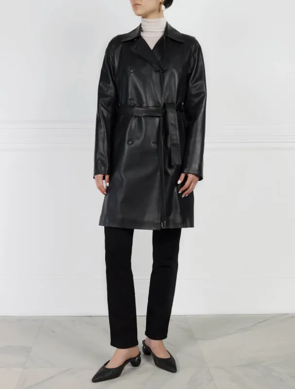 The Cadence Belted Leather Coat sold by Pologeorgis