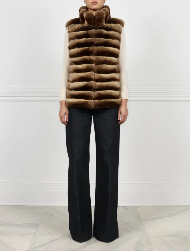 Horizontal Chinchilla Fur Vest in Camel sold by Pologeorgis