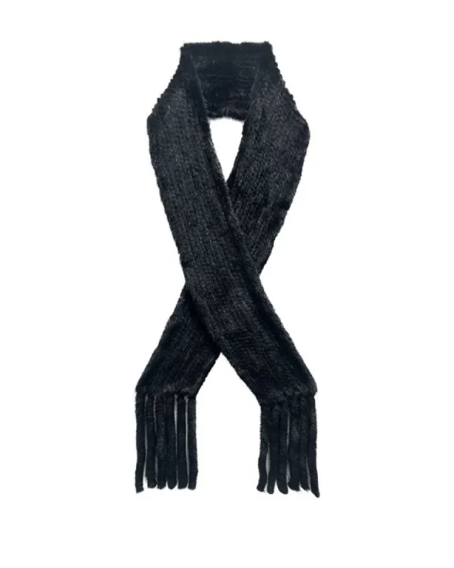 The Kate Dyed Knitted Mink Scarf in Black sold by Pologeorgis