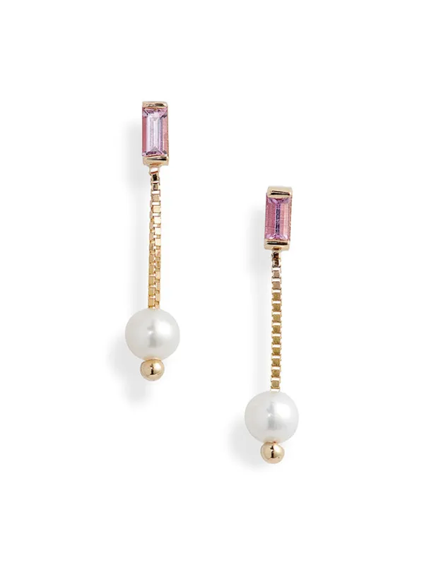 Pink Sapphire Pearl Box Chain Earrings sold by POPPY FINCH