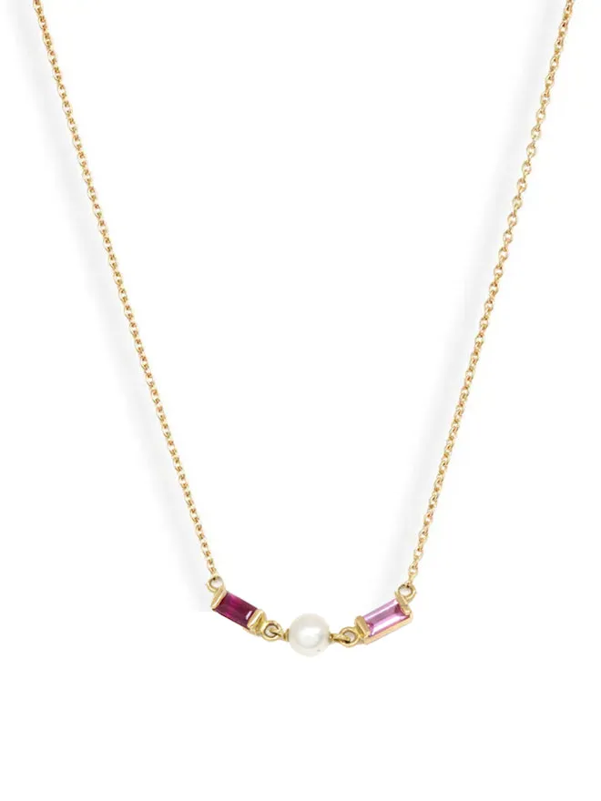 Baguette Ruby Pink Sapphire Pearl Necklace sold by POPPY FINCH