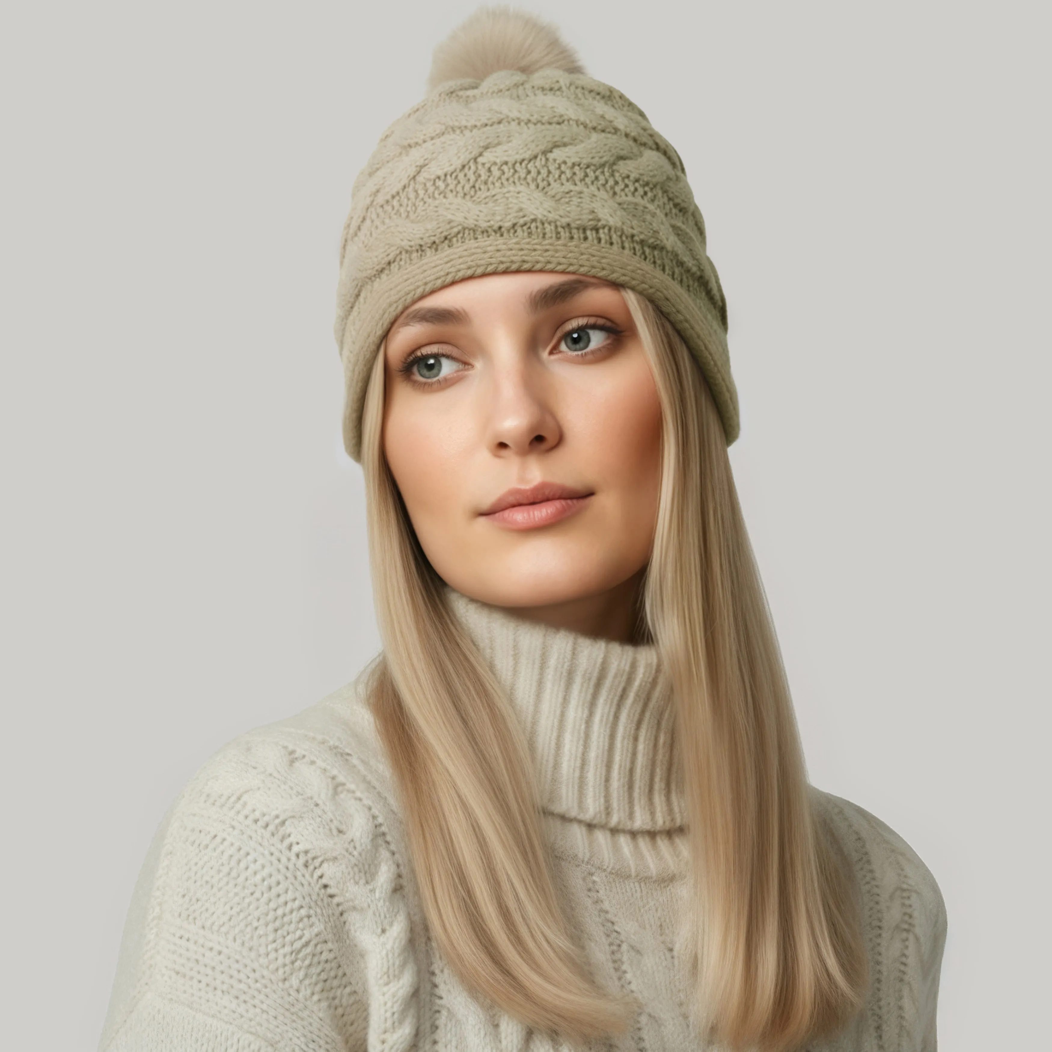 CASHMERE CHUNKY BEANIE IN CABLE DESIGN AND POM sold by Portolano