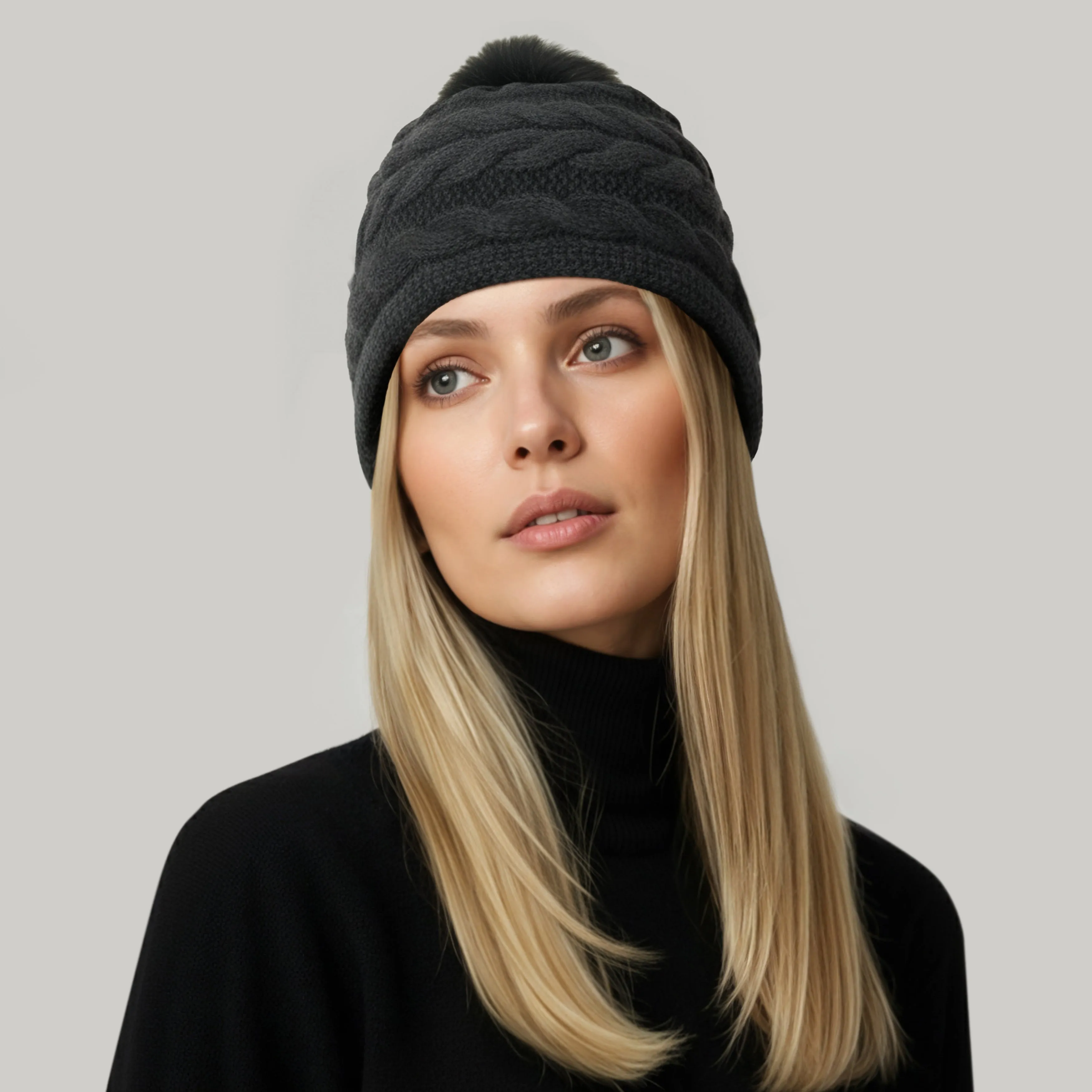 CASHMERE CHUNKY BEANIE IN CABLE DESIGN AND POM sold by Portolano product image thumbnail 3
