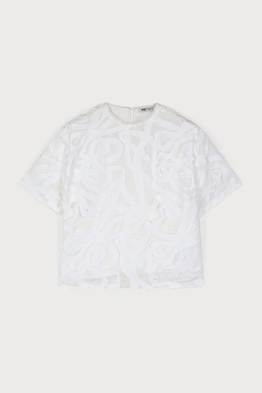 WEAVING-INSPIRED LACE SHORTSLEEVE TOP sold by Ports 1961