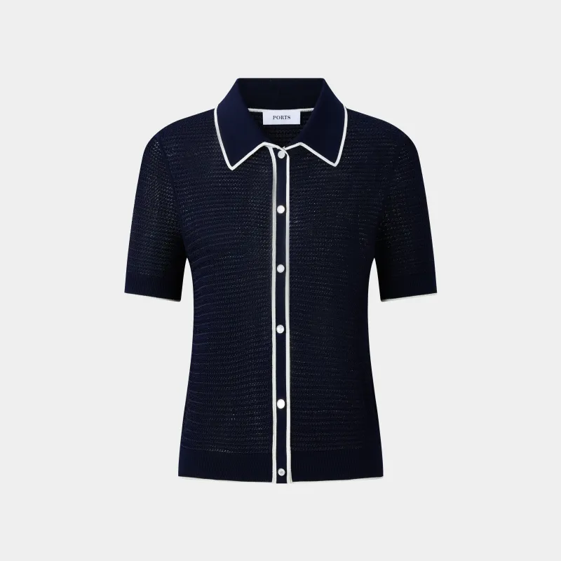 ELEGANT NAVY POLO FEATURING WHITE TRIM DETAILS, A TIMELESS WARDROBE STAPLE sold by Ports 1961