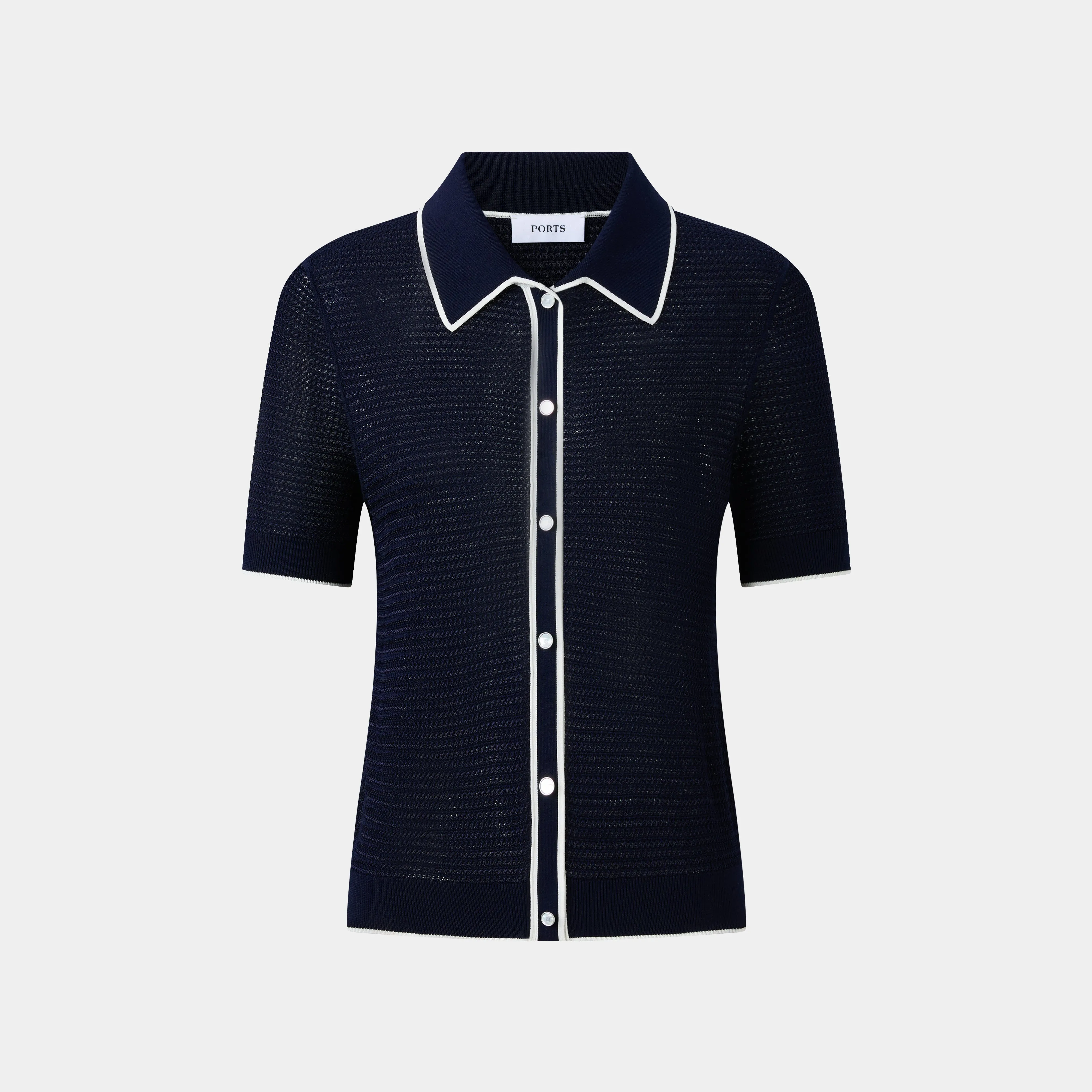 ELEGANT NAVY POLO FEATURING WHITE TRIM DETAILS, A TIMELESS WARDROBE STAPLE sold by Ports 1961