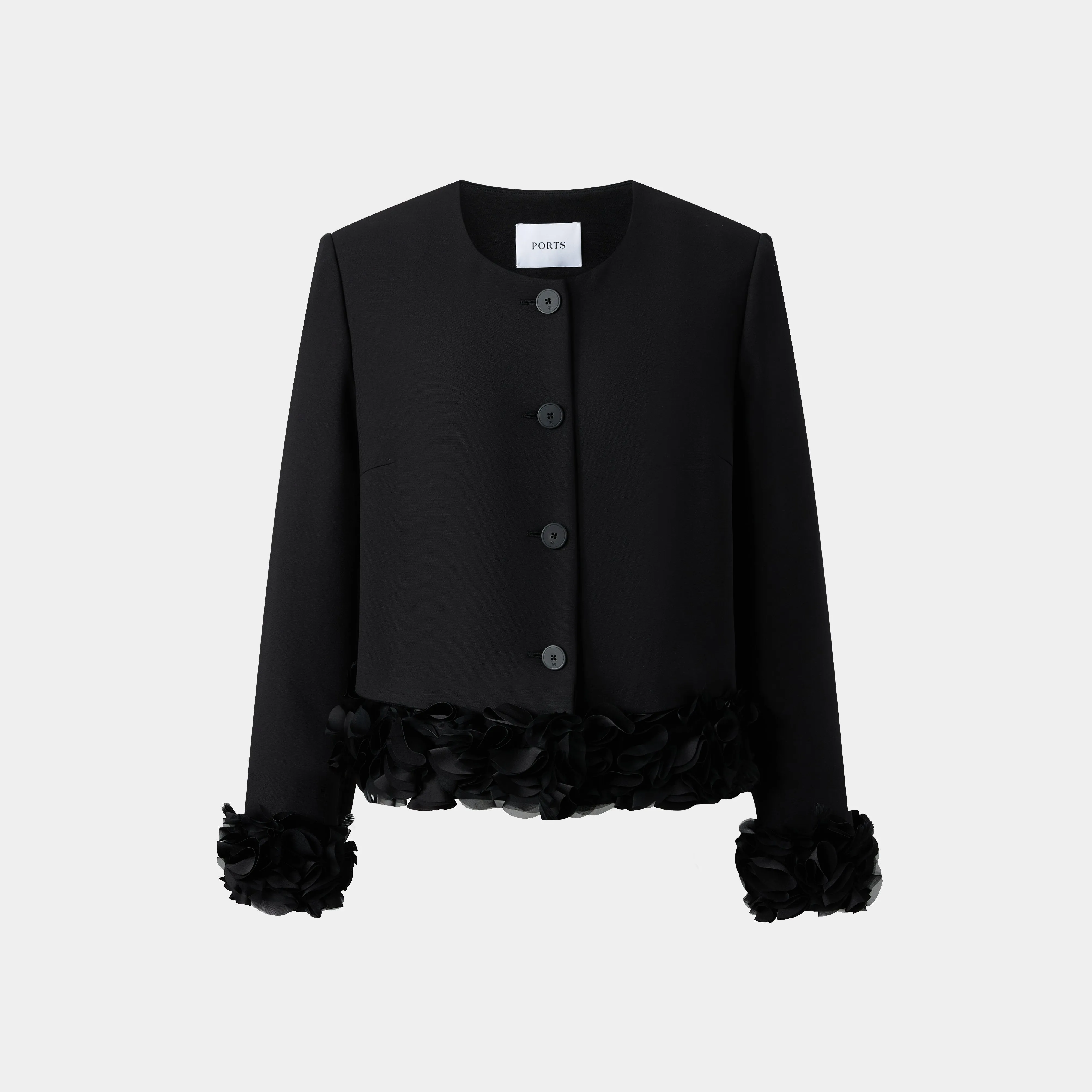 CLASSIC BLACK JACKET WITH FRINGE DETAILS AROUND THE CUFFS, EFFORTLESSLY STYLISH sold by Ports 1961