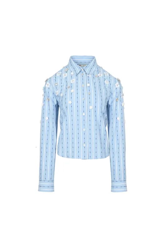 BLUE WHITE FLOWER DECORATION SHIRT made by Ports 1961