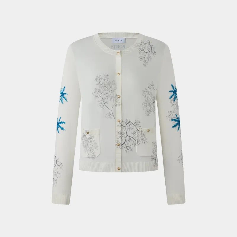 EMBROIDERED CORAL SHELL BUTTON CARDIGAN-IN WHITE made by Ports 1961