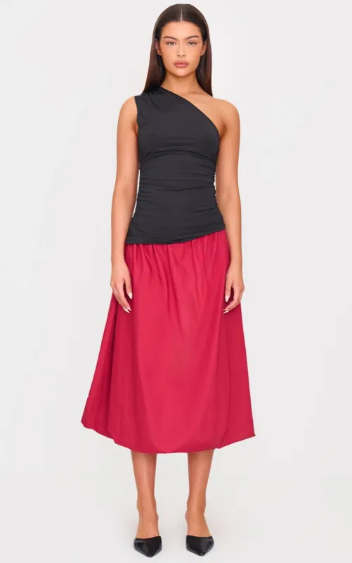 Burgundy Cotton Poplin Midi Puffball Skirt sold by Pretty Little Thing