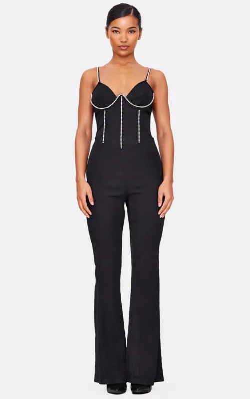Black Diamante Corset Detail Flared Strappy Jumpsuit sold by Pretty Little Thing