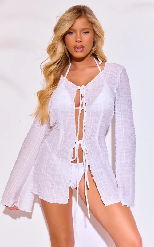 White Tie Front Shirred Beach Kimono sold by Pretty Little Thing